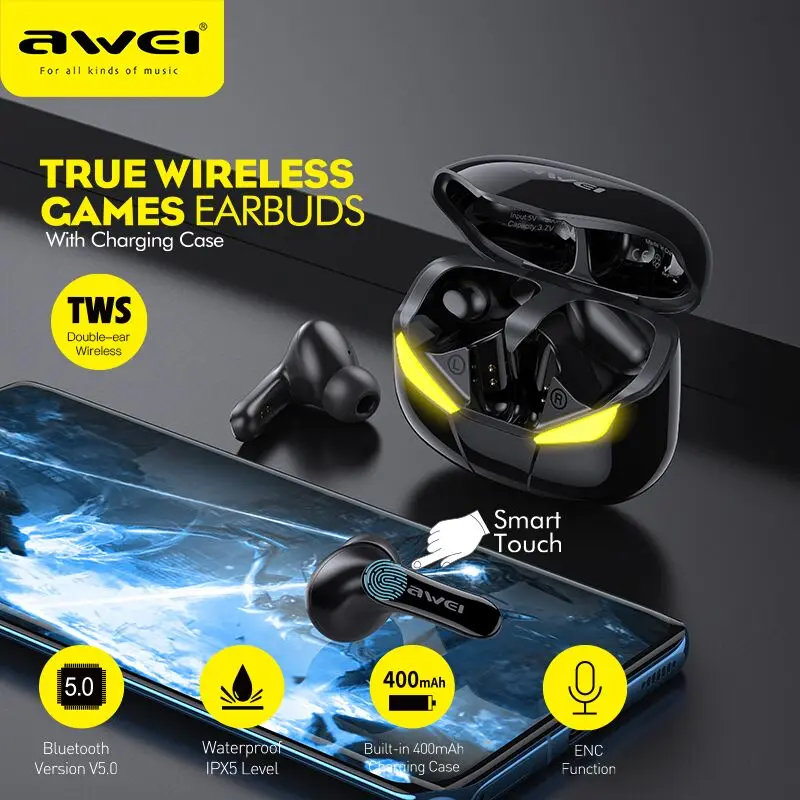 

AWEI T35 Gaming Earbuds TWS fone bluetooth Hands free Low Latency HiFi Deep Bass Sound Wireless Stereo Earphone With Microphone