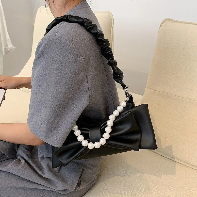 

Pure color unique niche design female bag new fashion bow texture pearl simple handbag