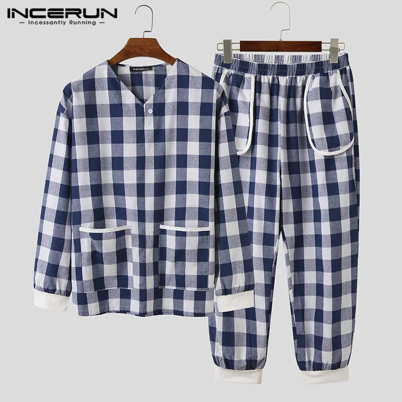 

INCERUN Fashion Men Pajamas Sets Leisure Striped Long Sleeve V Neck Tops Elastic Pants Autumn Homewear Male Cozy Sleepwear S-5XL