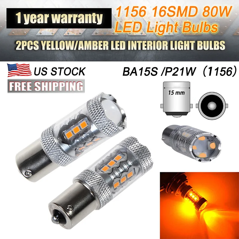 2 шт. BA15S P21W 1156 светодиодный стояночный фонарь 16SMD 80 Вт Желтый/янтарный светильник