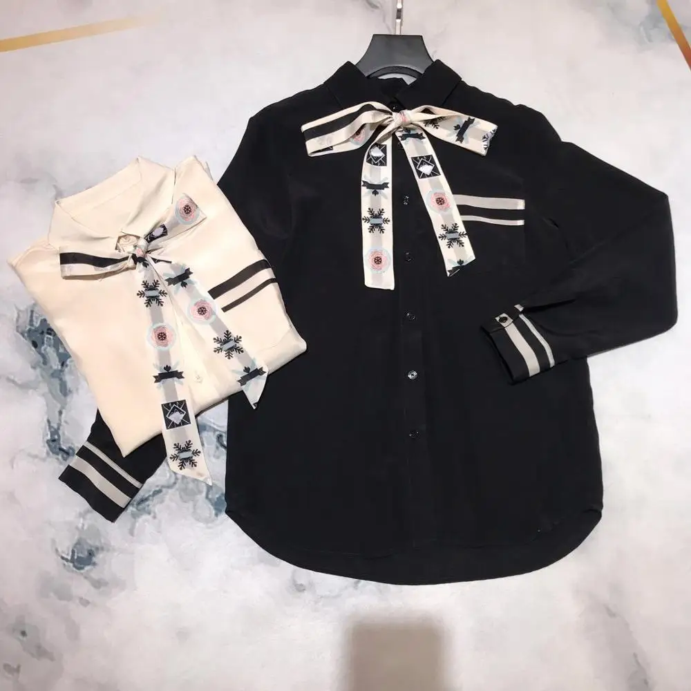 2020 шелк отложной воротник черная Повседневная Новая женская рубашка осень| |