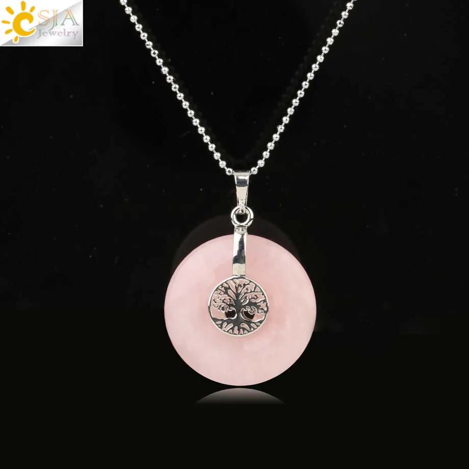 Rose Quartz Chain Csja Древо жизни Подвески натуральный кристалл полый круглый камень «reiki» энергии мудрость деревья Для женщин Для мужчин Подвески Ожерелья G146 - Окраска металла: Rose Quartz Chain