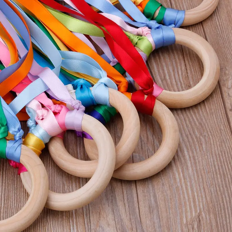 

Rainbow Natural Wooden Ribbon Ring Baby Teether Newborn Sensory Toy Shower Gift