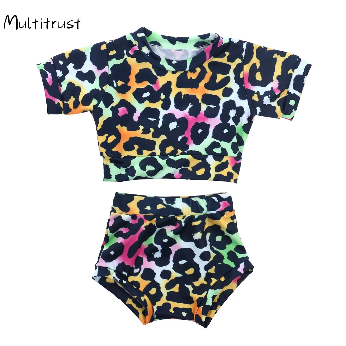 

Футболка с леопардовым принтом и шорты с высокой талией для девочек, хлопковые спортивные костюмы, лето От 1 до 5 лет