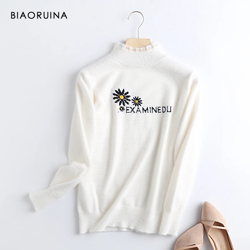 

BIAORUINA Women's Letter Floral Jacquard Casual Fluffy Sweater Mock Neck Female Autumn Winter Warm Thick Sweet Knit Pullover