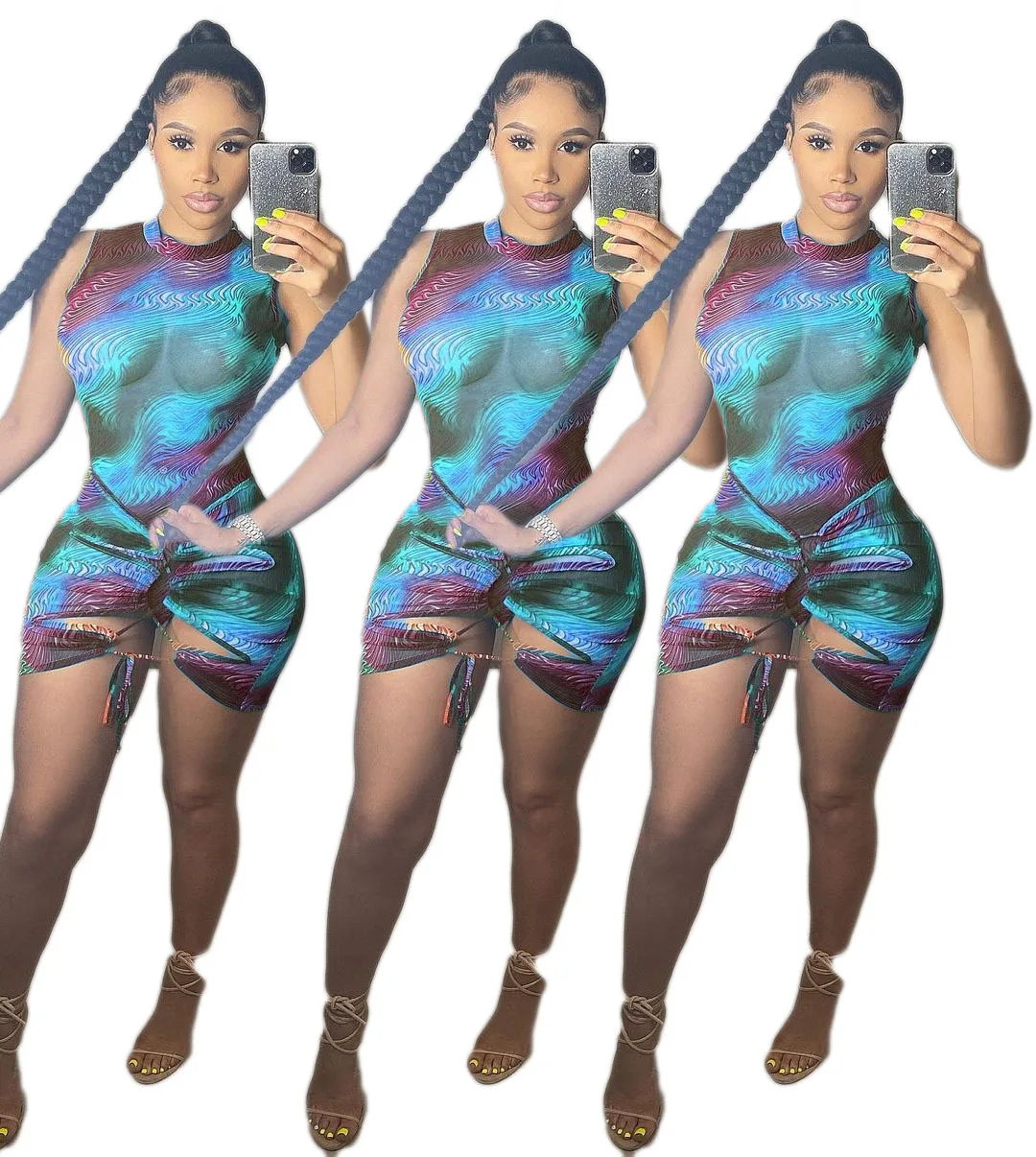 

2021 Summer New Women Sexy Sleeveless Print O-neck Above Knee, Mini Bodycon Dress Vestidos