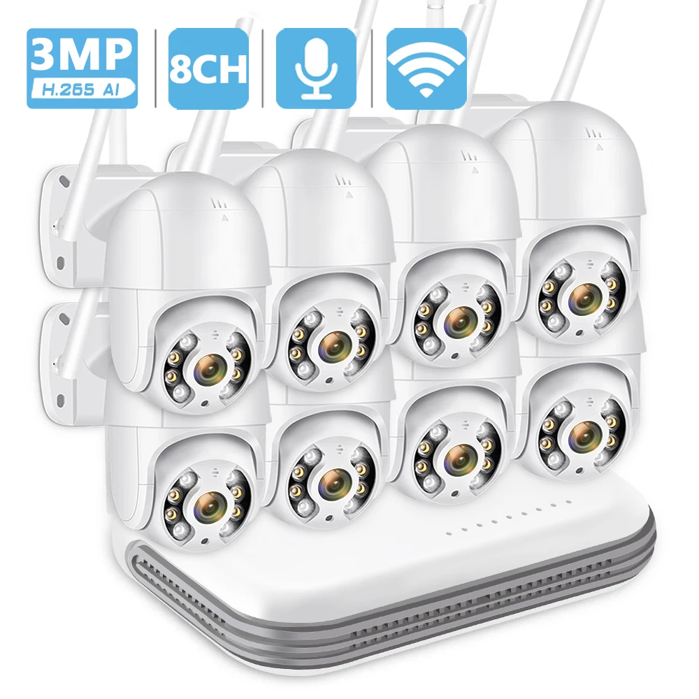 

New 8CH Wireless CCTV System Mini NVR AI 3MP HD Audio PTZ IP Camera WiFi Security System Video Surveillance WiFi NVR Kit IR LED