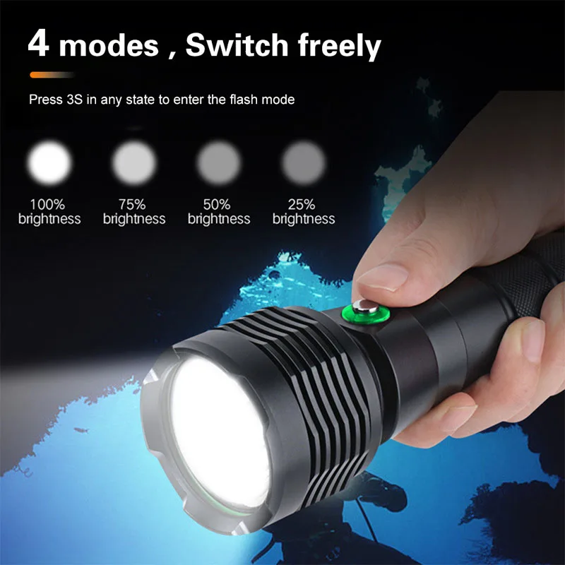 High Power XHP70 Scuba Diving Light Flashlight LED Underwater Torch 10 inch Outdoor Night Lantern 60m Dive Depth