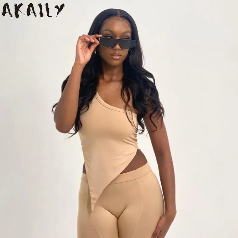 

Осенний комплект из 2 предметов Akaily, женский спортивный костюм, однотонный Асимметричный укороченный топ и длинные брюки, Женский комплект, ...