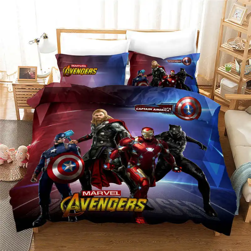 

3D Blue The Avengers Heroes Bedding Set Queen Size Bed Linens for Boy's Quilt Duvet Cover Queen Bedspreads Children's Room King