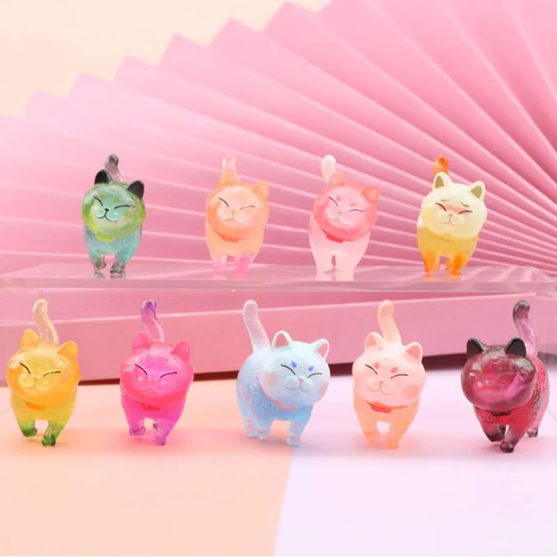

9PCS/Sets Cartoon Colourful Crystal Pet Cats Tie Bell Cat PVC Anime Mini Figures Landscape Decoration Toys Doll for Baby Gifts