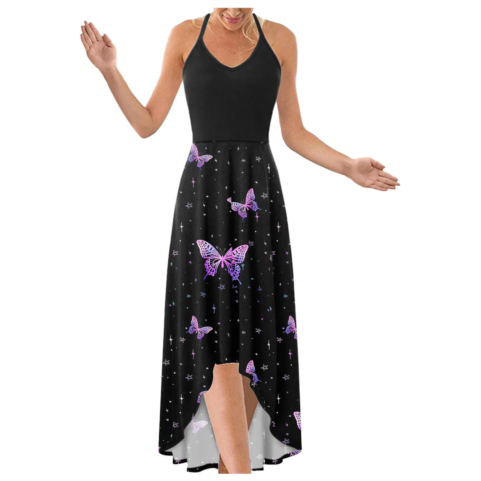 

Women's Fashion Casual V-neck Sleeveless Strap Open Back Sexy Print Dress Robe Femme Summer Dress 2021