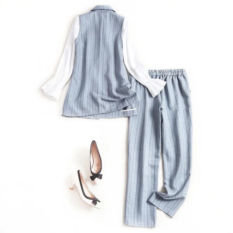Elegant Lady Office Pants 3Piece Set Women 2020 New Designer Spring Outfits Long Sleeve Bow Neck white Blouse+Vest+Pants Suit