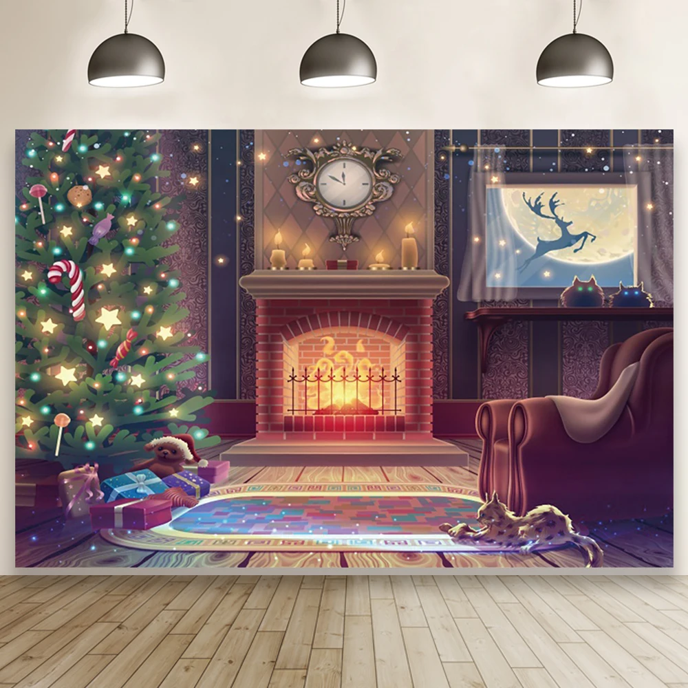 

Рождественский фон для интерьера с рисунком камина для детской портретной фотосессии