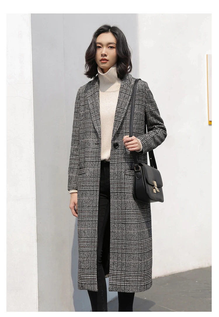 

2020 Spring Autumn Women Wool Plaid Coat New Fashion Long Woolen Coat Female Winter Wool Jackets Female Outwer