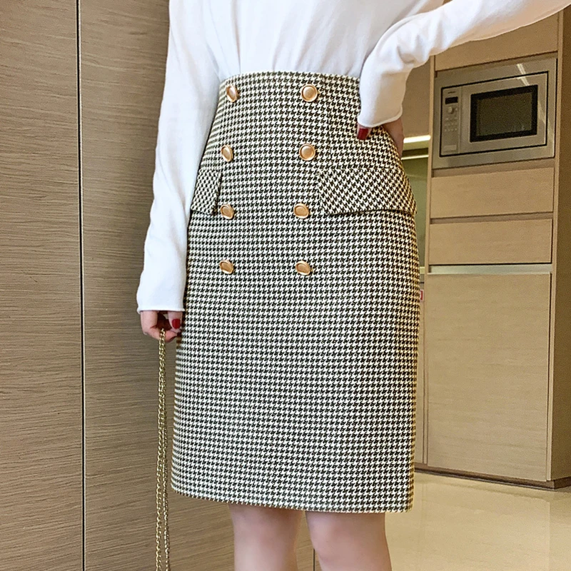 Woolen Double Breasted Skirt Winter Women Vintage Plaid High Waist Femininas Sheath Package hip houndstooth | Женская одежда