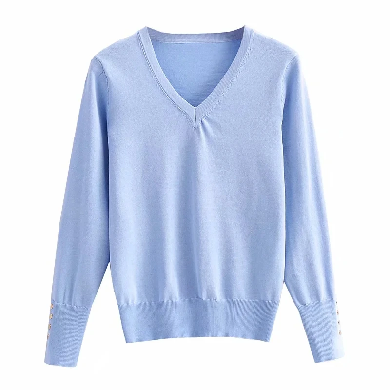 

Women 2021 Fashion basic v-neck knit sweater Vintage long sleeves with metal button Female sweaters Knitted pullover