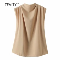 new women fashion solid color stand collar pleats sleeveless smock shirt ladies office blouses chic roupas femininas tops ls6913