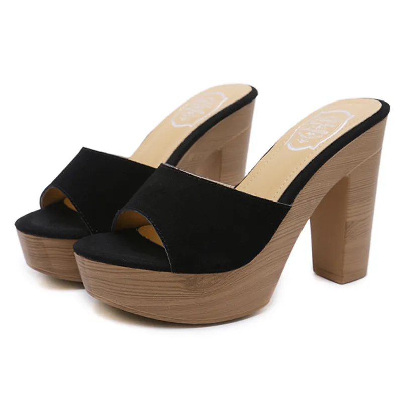 

12CM Square Heel Waterproof Platform Thick Bottom Ladies Fish Mouth Slippers Summer New Style Leather Fashion Outer Wear Slipper