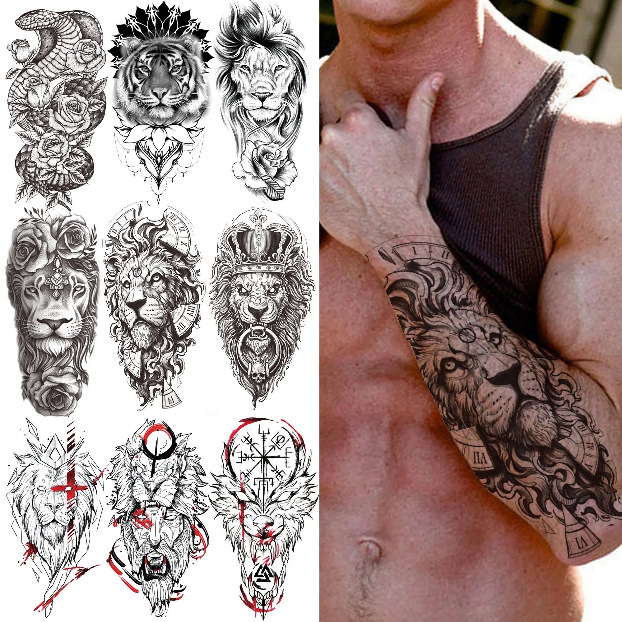 

Black Lion Temporary Tattoo For Men Women Adult Kids Tiger Snake Compass Tattoos Sticker Fake Flower Demon Tribal Crown Tatoos