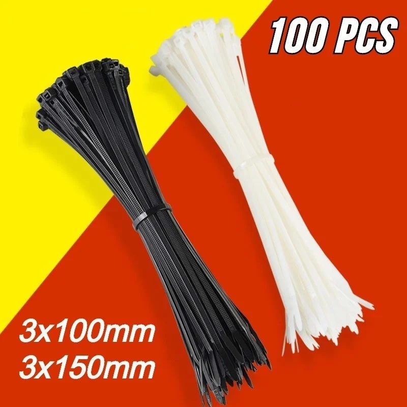 Self-locking Plastic Nylon Ties 100PCS/bag Zip Wraps Strap Nylon Cable Ties Set 3*100mm 3*150mm Fastening Ring Loop Wire Wrap