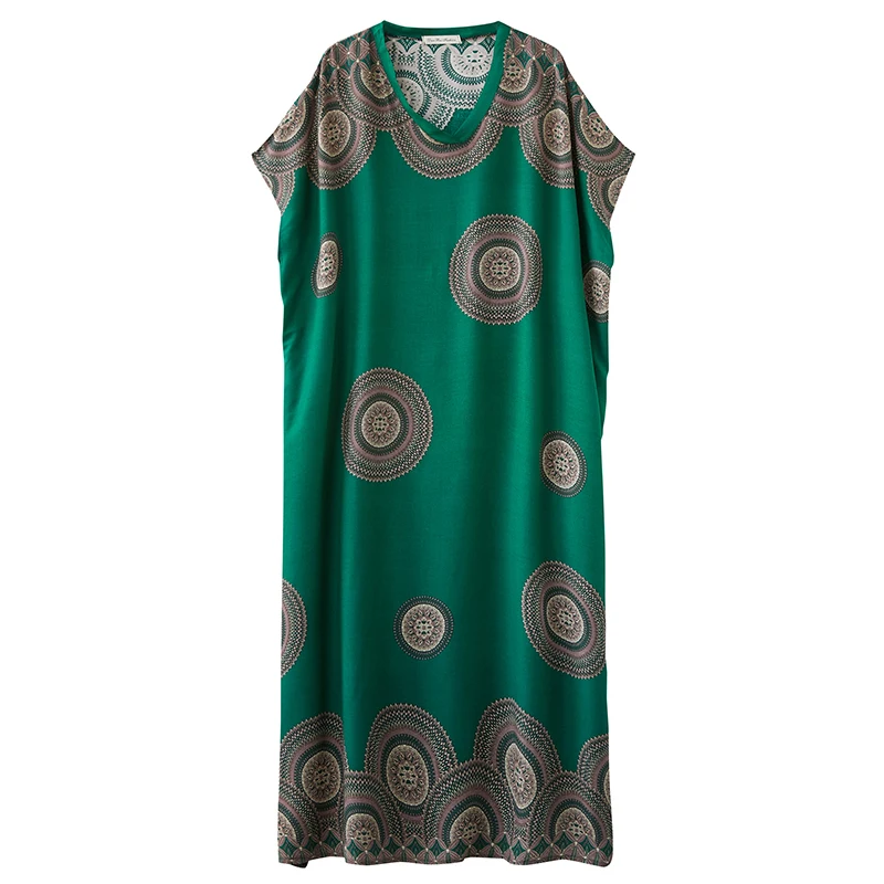 

Women Green Printed Long Dress Summer V Neck Short Sleeve Kaftan Vestidos Oversize Baggy Sundress Loose Dresses Robe Femme 2021