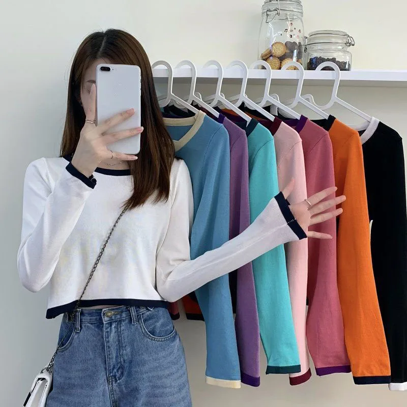 

2021 Autumn Women's Short Korean Fashion Contrast Color Round Neck Slim Knit Top Long Sleeve T-shirt Sun Protection Shirt