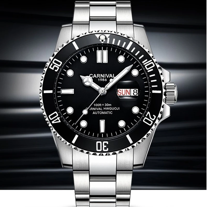 Роскошные мужские механические наручные часы CARNIVAL 2020 из нержавеющей стали GMT