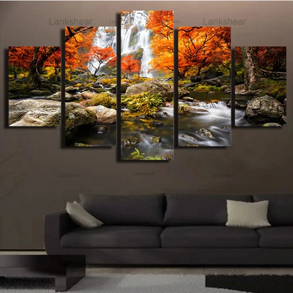 

5 Pieces Autumn Nature Forest Wall Art Print Pictures Landscape Painting Canvas Poster Modular No Frame Living Room Home Decor