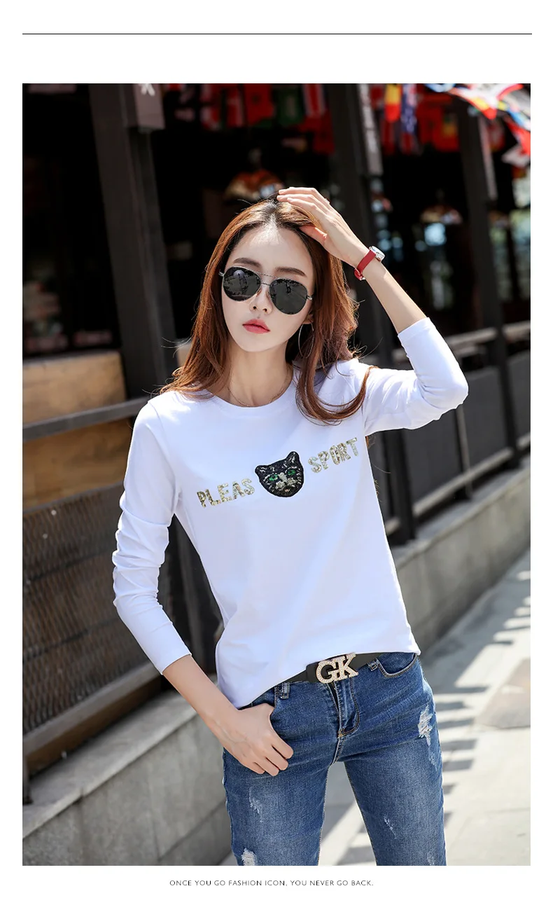 

Женская футболка, свободная Базовая футболка, Осенние простые футболки с длинным рукавом для женщин, милые забавные черные футболки в стиле...