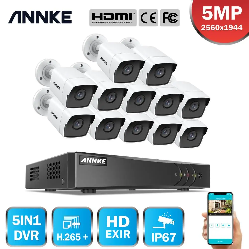 ANNKE 16CH 5MP Lite HD система безопасности 5в1 H.265 + DVR с 12 шт. 5 Мп пулевыми наружными
