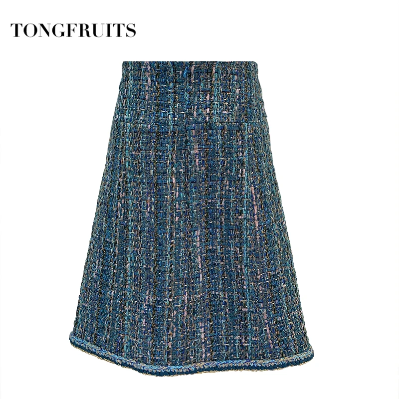 2019 Осень Зима Высокая талия юбка синий тканый трехмерный женский мини на молнии