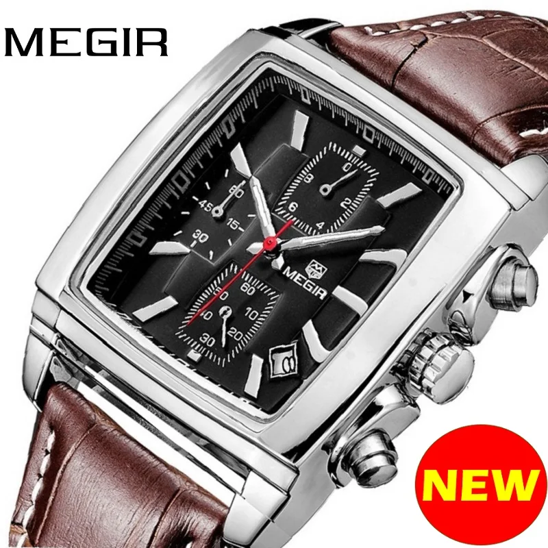 Мужские кварцевые наручные часы MEGIR оригинальные в стиле милитари с кожаным