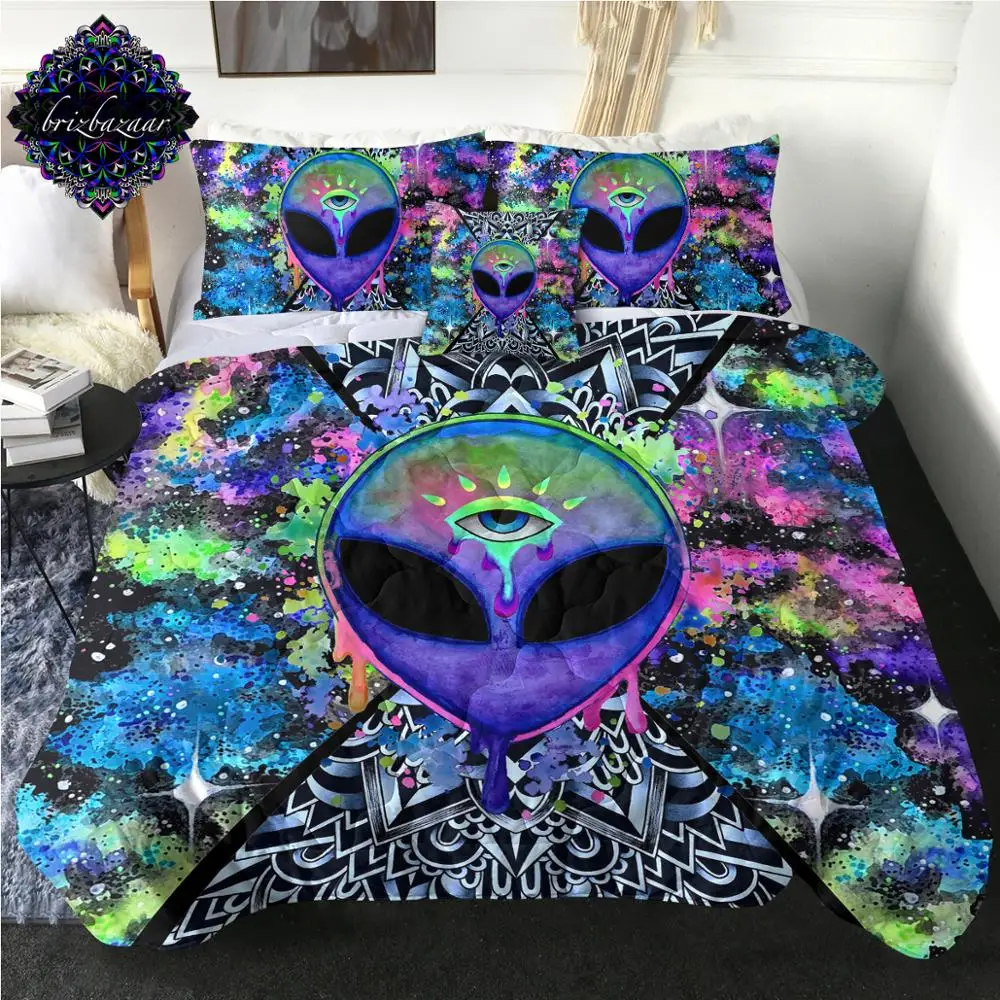 

Trippy Alien by Brizbazaar Thin Quilt Watercolor Witchcraft Comforter The Third Eye Cool Blanket Mandala Saucerman Bedspreads