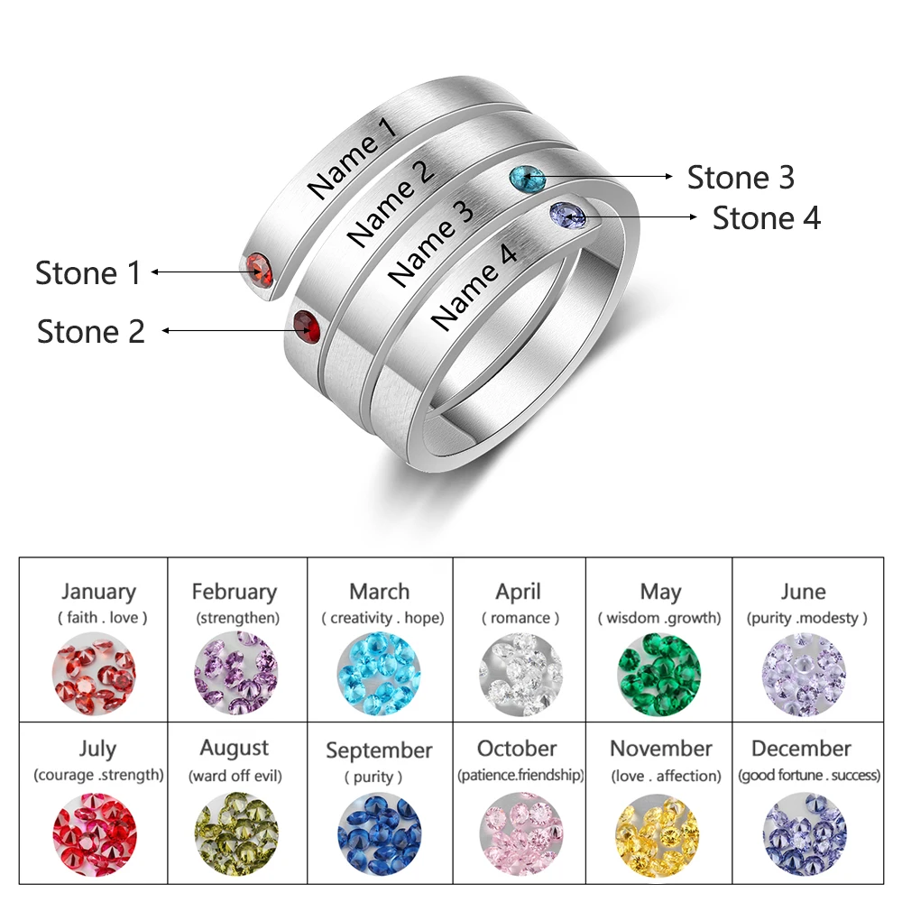 4 Names-Silver color Ювелирные изделия, персонализированные кольца для матерей, заказное имя, кольца с камнем для женщин, ювелирные изделия с гравировкой, подарки на годовщину для мамы - Цвет основного камня: 4 Names-Silver color