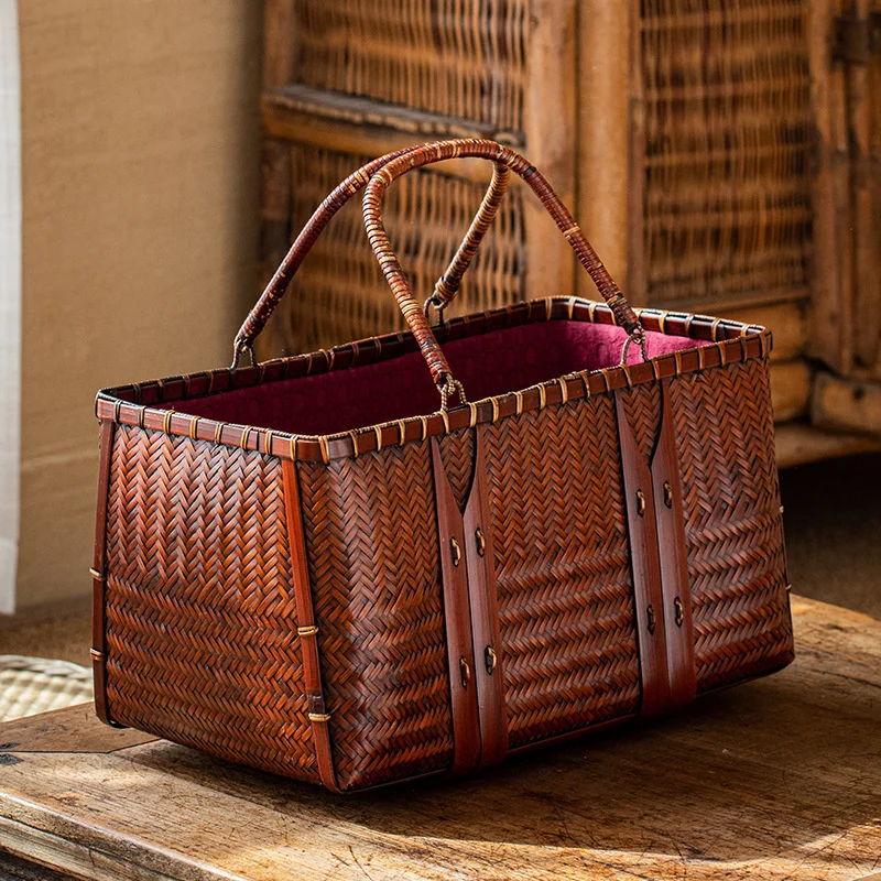 

Hand woven bamboo bag bamboo bag holiday bamboo tea set storage bag bamboo basket hand basket large