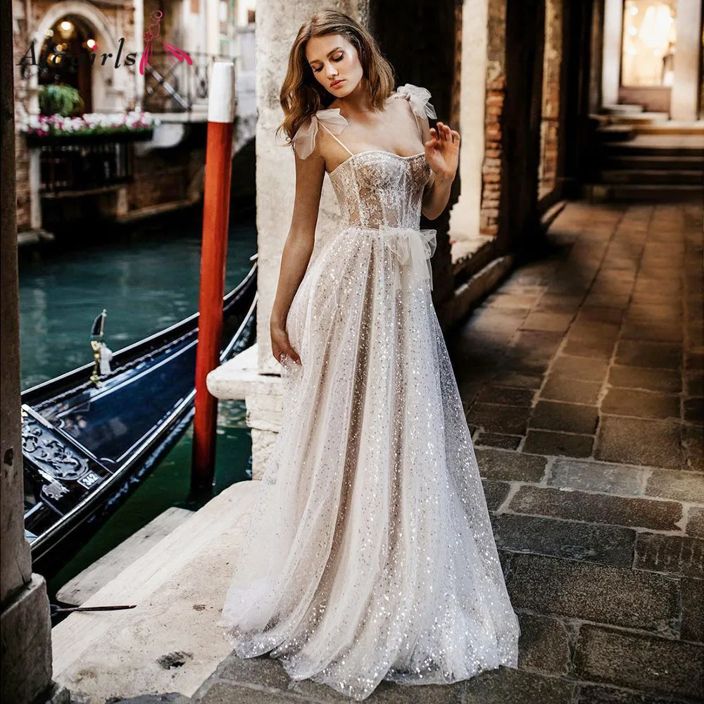 

Sparkly Spaghetti Strap Wedding Dress Boho Sequin A Line Wedding Dresses 2021 Wedding Party Dress Bridal Gown Wedding Gown