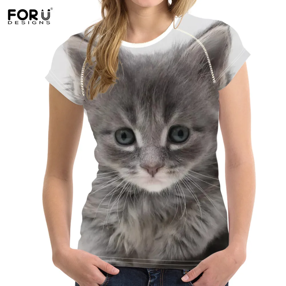 FORUDESIGNS серые пушистые дизайнерские женские футболки с котенком коротким рукавом