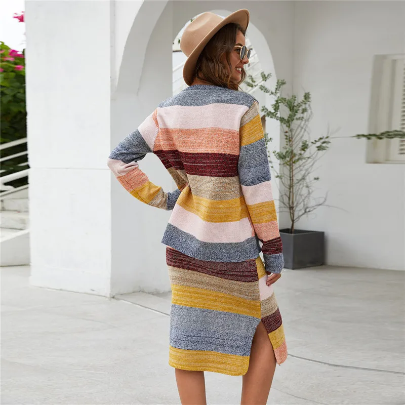 

Johnature Spring New Striped Knitted Two Pieces Sets Women 2021 Korean Casual Loose Top And Elastic Waist Slit Skirt Women Sets