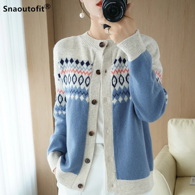 

2021 New Spring Autumn Temperament Retro Pure Wool Cardigan Women's Knit Sweater Round Neck All-Match Sweater Cashmere Jacket XL