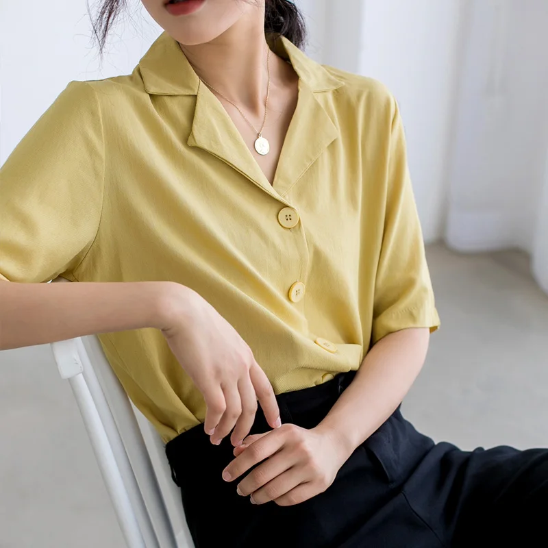 

COIGARSAM Preppy Style Short Sleeve Shirt Womens tops Summer Brief Cotton Linen Notched Women shirts Green Ginger White 6010