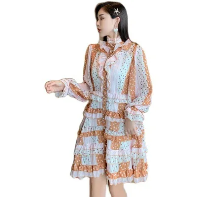 

Fall 2020 dot restoring ancient ways of tall waist dress cascade palace lantern sleeve printed design feels sweet wind