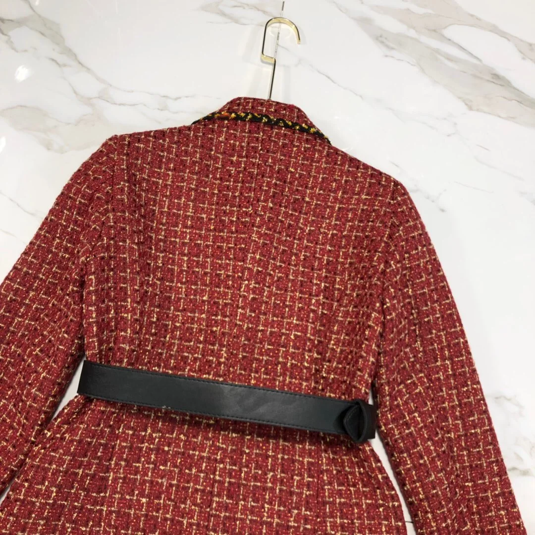 Женское офисное платье в клетку элегантное красное с длинным рукавом и поясом