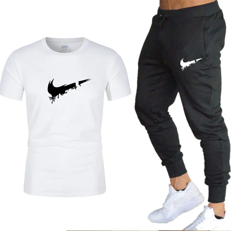 

New T-shirt men's short-sleeved 100% cotton + trousers men's spring and summer fashion Harajuku high street T-shirt sportswear