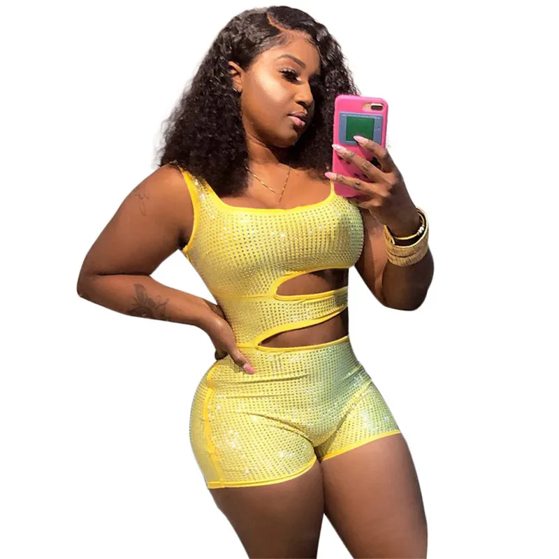 Бриллиантовыми стразами пикантные Стразы комбинезон Для женщин Bodycon комбинезон летний Повседневное без рукавов, майка, топ, жилет облегающие Клубные вечерние комбинезоны для девочек
