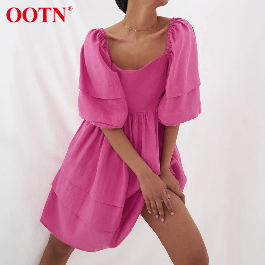

OOTN Cotton Linen Square Neck Mini Dress Casual Yellow Summer Women Lantern Sleeve A-Line Dresses Backless Lace-Up Pink Vestido
