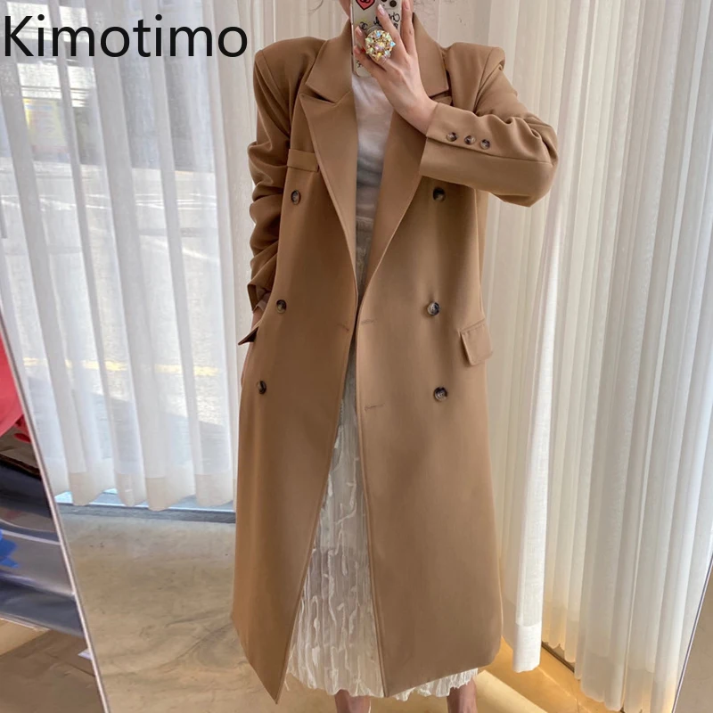 

Kimotimo Autumn Winter Blazer Coat Women French Turn-down Collar Double Breasted Loose Overcoat Long Sleeve Mid-length Blazers