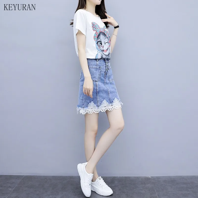 Комплекты джинсовой юбки женские летние футболки с коротким рукавом и принтом