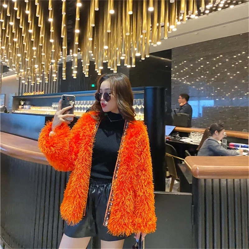 2021 New Heavy Industry Bead Faux Fur Coat Autumn And Winter Cardigan Lamb Wool Coat Temperament Solid Color Fur Jacket Ladies