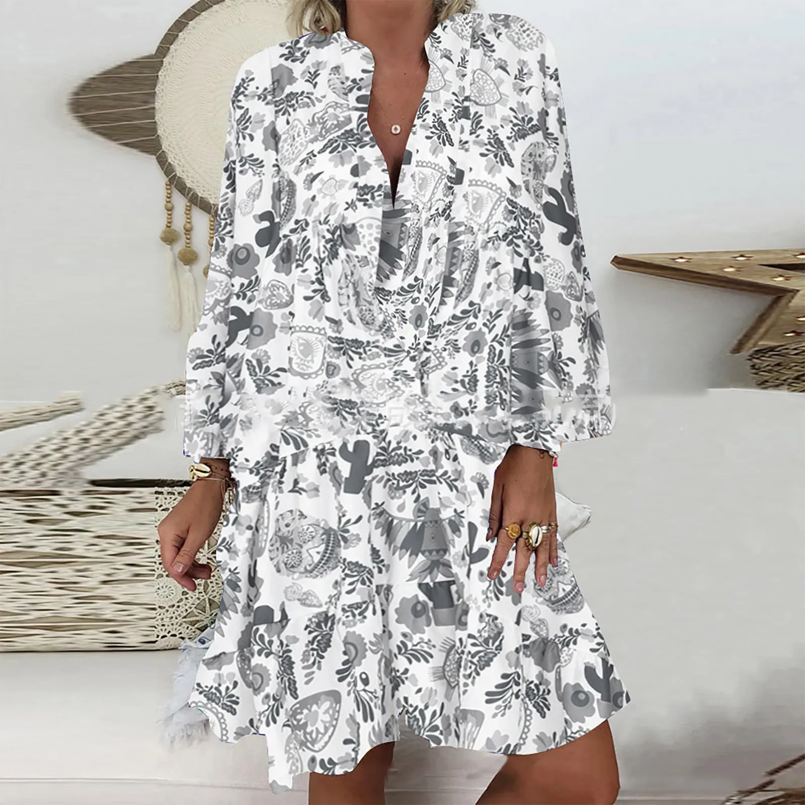 

New Women Dresses Summer 2022 Sexy V Neck Loose Blouse Fashion Floral Print Three-quarter Sleeves Ruffled Dress Mini Sundress